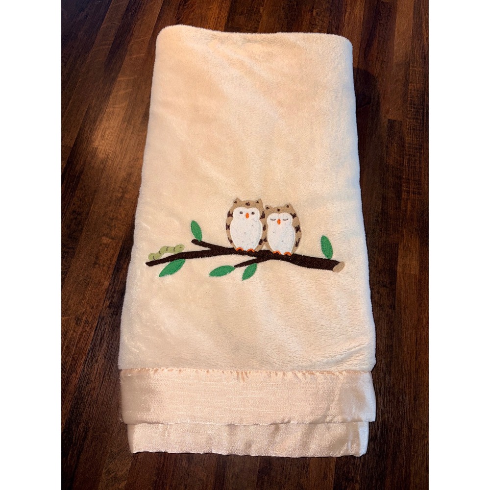 RedEnvelope‎ Cream Plush Baby Blanket Embroidered Owls Satin Trim 29x39